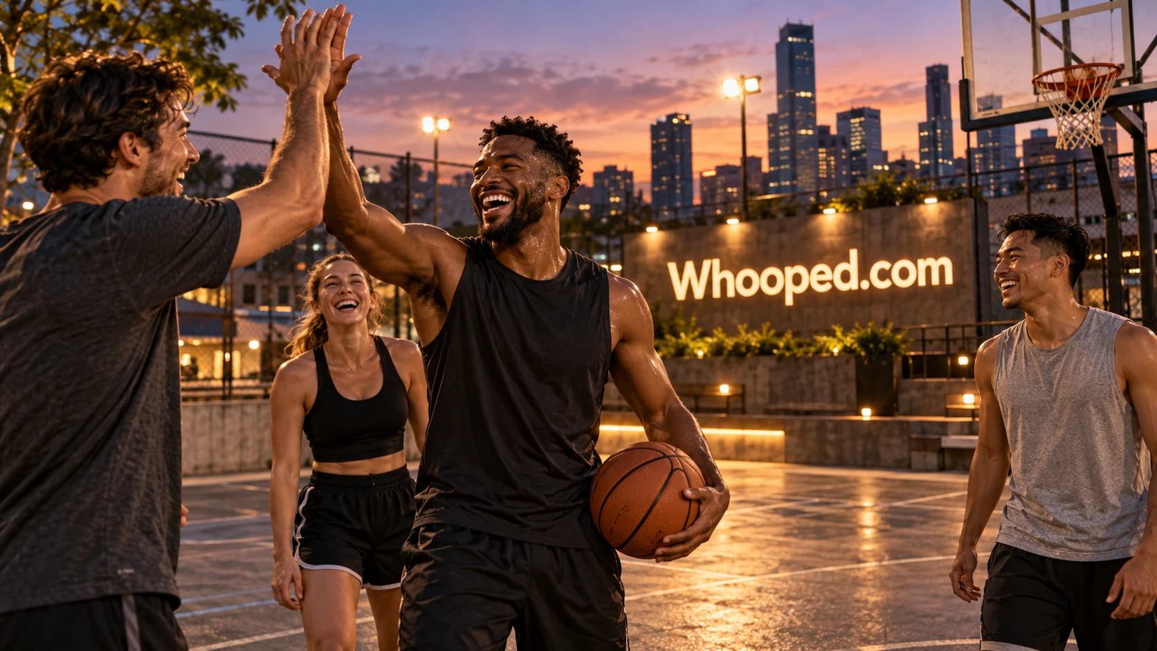 Friends sharing a joyful moment on an outdoor basketball court at sunset